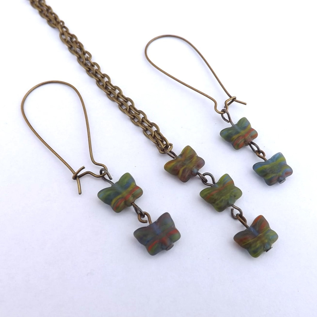 Green, Blue & Orange Glass Butterfly Beads Pendant Necklace & Earrings Set