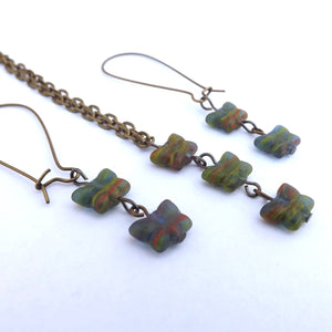 Green, Blue & Orange Glass Butterfly Beads Pendant Necklace & Earrings Set