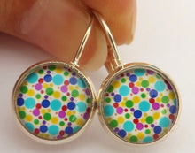 Load image into Gallery viewer, Green, Blue, Purple &amp; Yellow Dots  - Dome Earrings on Lever back hooks
