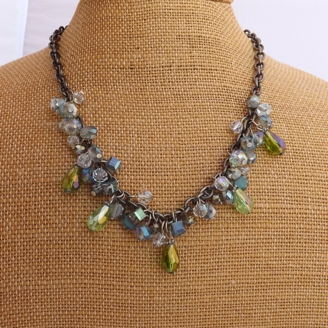 Green, Clear & Grey Handmade Bead Drop on Chain Necklace