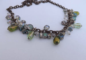 Green, Clear & Grey Handmade Bead Drop on Chain Necklace