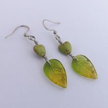 Load image into Gallery viewer, Green Glass &amp; Stone Leaf Wire Wrapped Handmade Bead Earrings
