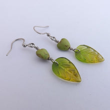 Load image into Gallery viewer, Green Glass &amp; Stone Leaf Wire Wrapped Handmade Bead Earrings

