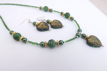 Load image into Gallery viewer, Green &amp; Gold Handmade Heart Bead Necklace &amp; Earrings Set
