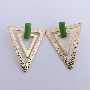 Green & Gold Tone Triangle Stud Earrings