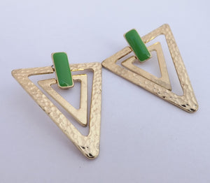 Green & Gold Tone Triangle Stud Earrings