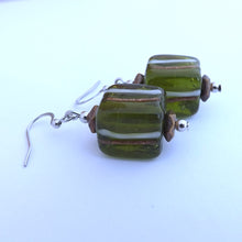 Load image into Gallery viewer, Green &amp; Gold Handmade Glass Bead Earrings
