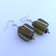 Load image into Gallery viewer, Green &amp; Gold Handmade Glass Bead Earrings
