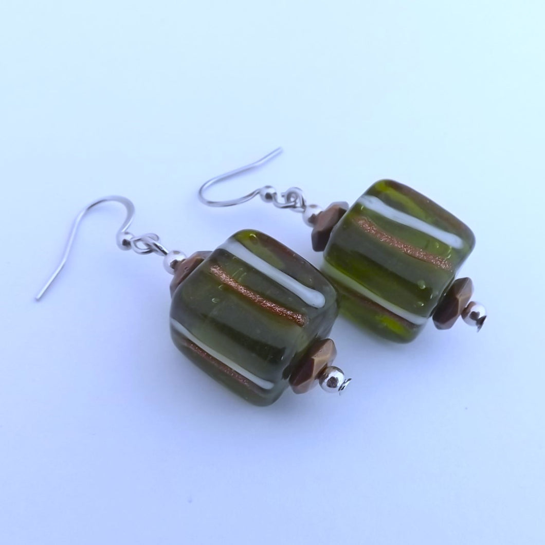 Green & Gold Handmade Glass Bead Earrings