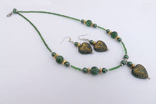 Load image into Gallery viewer, Green &amp; Gold Handmade Heart Bead Necklace &amp; Earrings Set
