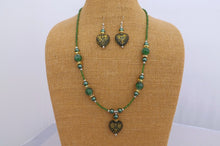 Load image into Gallery viewer, Green &amp; Gold Handmade Heart Bead Necklace &amp; Earrings Set
