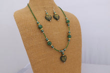 Load image into Gallery viewer, Green &amp; Gold Handmade Heart Bead Necklace &amp; Earrings Set
