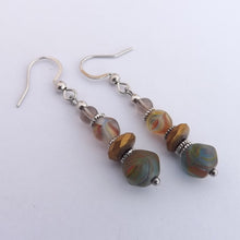 Load image into Gallery viewer, Green, Gold &amp; Orange Handmade Mottled Frosted Glass Bead Earrings
