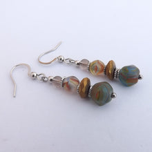 Load image into Gallery viewer, Green, Gold &amp; Orange Handmade Mottled Frosted Glass Bead Earrings
