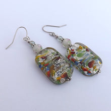Load image into Gallery viewer, Green, Orange, Yellow &amp; Silver Handmade Glass Bead Earrings
