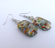Load image into Gallery viewer, Green, Orange, Yellow &amp; Silver Handmade Glass Bead Earrings
