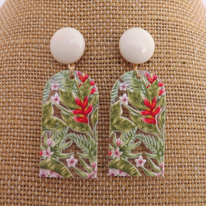 Green & Pink Floral & Leaf Acrylic Earrings