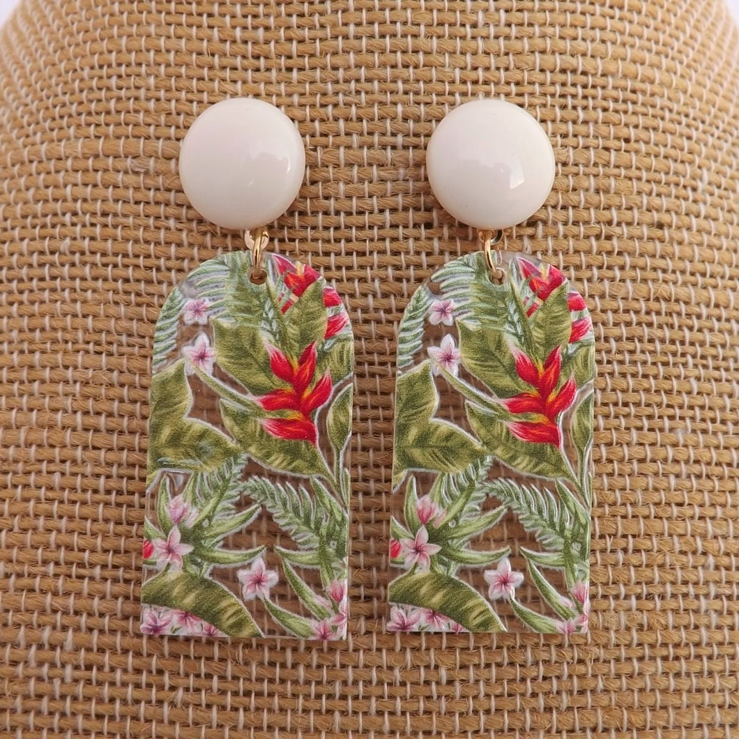 Green & Pink Floral & Leaf Acrylic Earrings