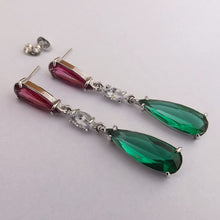 Load image into Gallery viewer, Green, Pink &amp; Faux Diamond Drop Earrings
