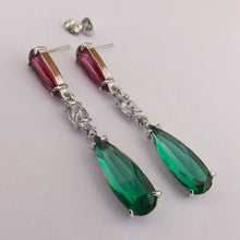 Load image into Gallery viewer, Green, Pink &amp; Faux Diamond Drop Earrings

