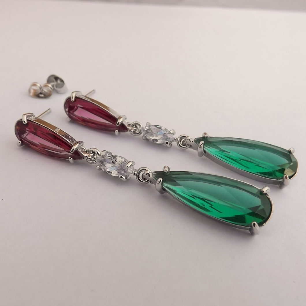 Green, Pink & Faux Diamond Drop Earrings