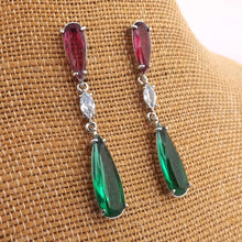 Load image into Gallery viewer, Green, Pink &amp; Faux Diamond Drop Earrings
