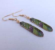Load image into Gallery viewer, Green, Purple &amp; Gold Tone Feather Drop Earrings
