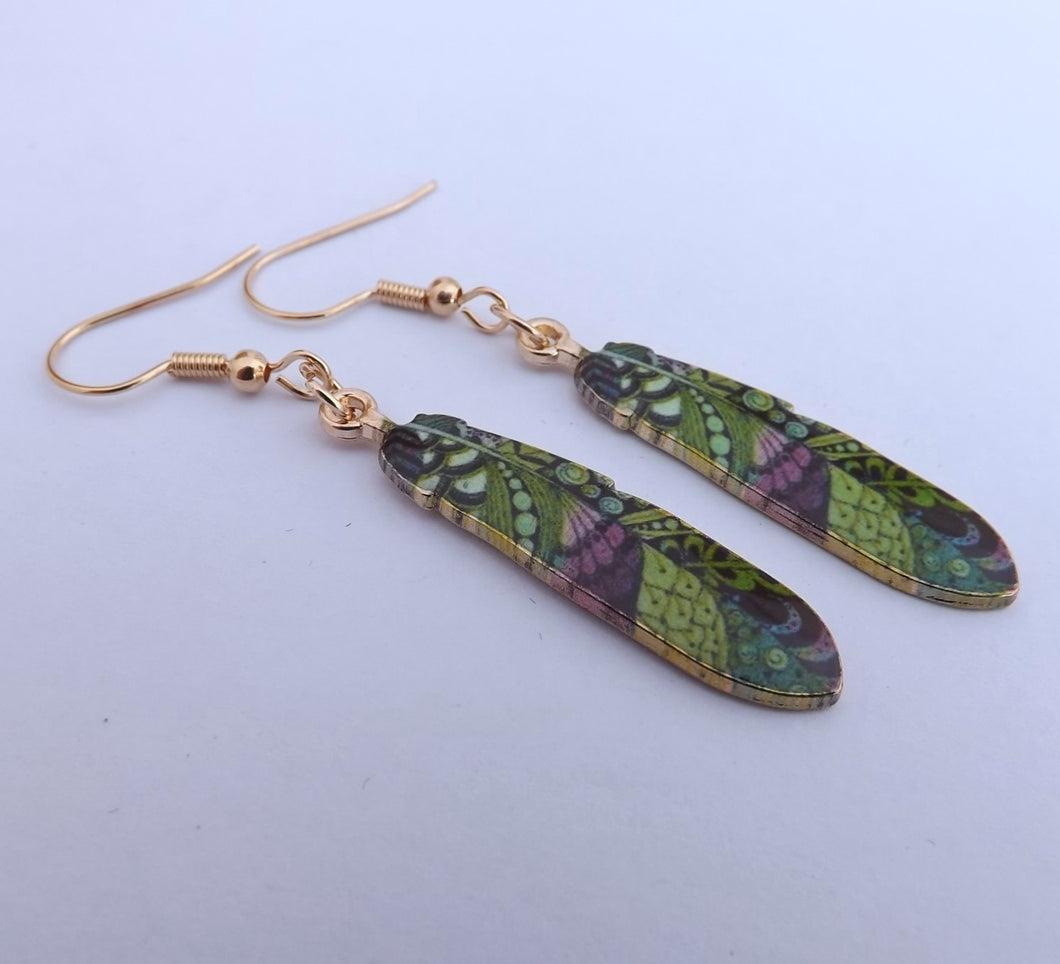 Green, Purple & Gold Tone Feather Drop Earrings