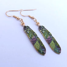 Load image into Gallery viewer, Green, Purple &amp; Gold Tone Feather Drop Earrings

