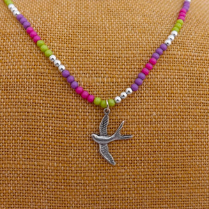 Green, Purple & Pink Bead Necklace with Flying Bird Pendant