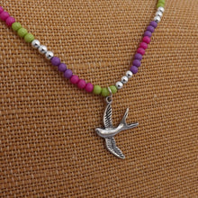 Load image into Gallery viewer, Green, Purple &amp; Pink Bead Necklace with Flying Bird Pendant

