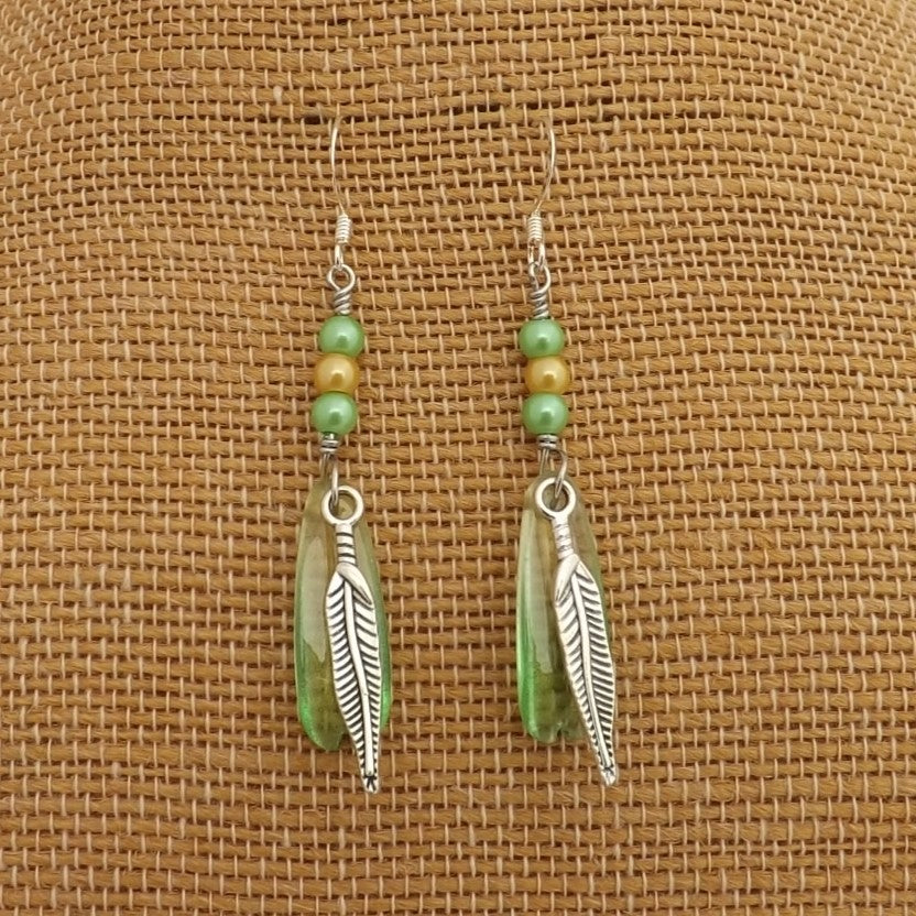 Green & Silver Tone Feather & Bead Handmade Earrings