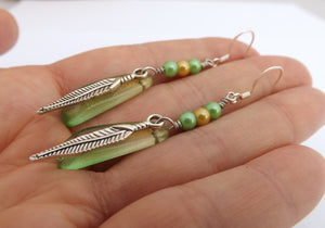 Green & Silver Tone Feather & Bead Handmade Earrings