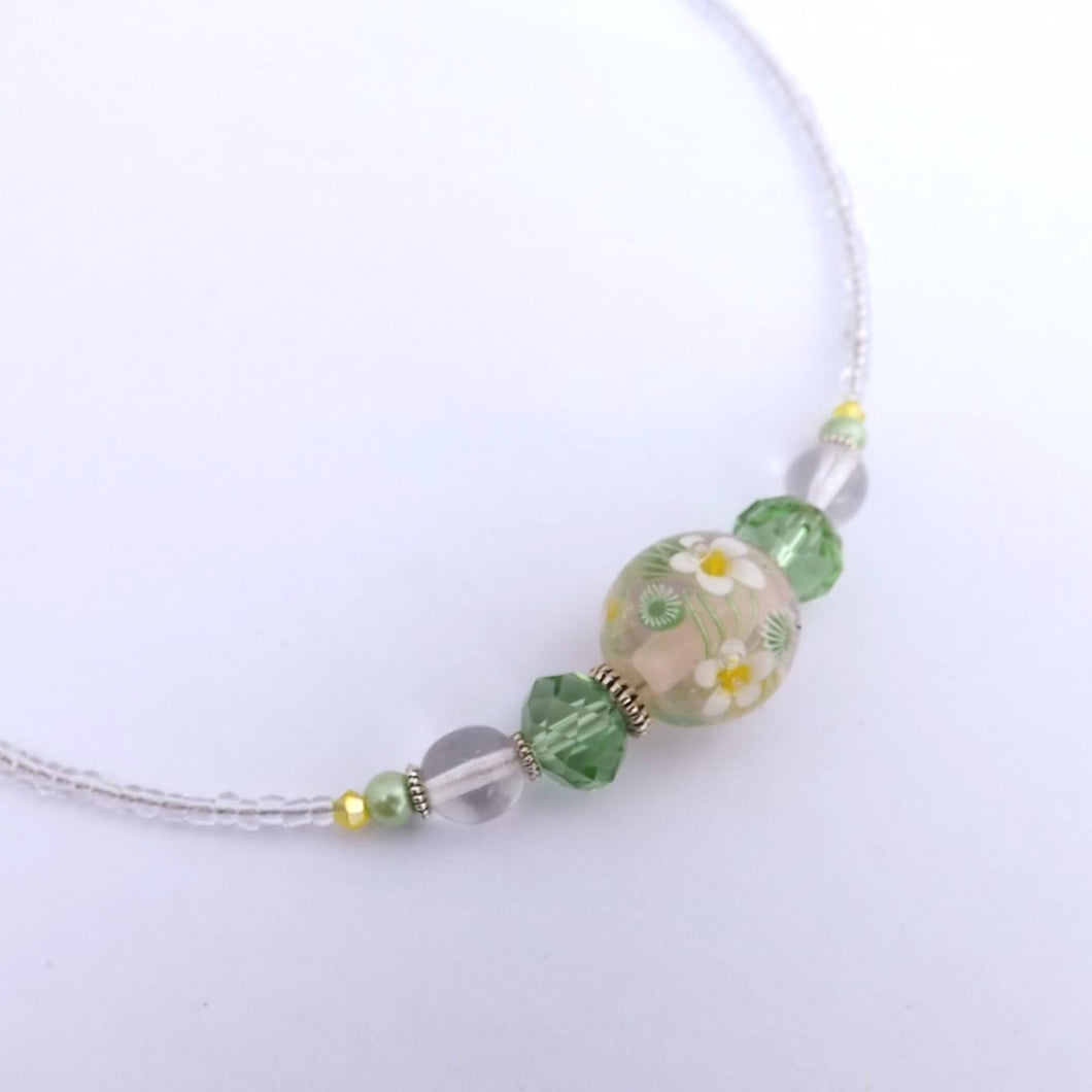 Green & White Handmade Glass Floral Lamp Work Bead Necklace