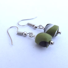 Load image into Gallery viewer, Green, White &amp; Black Handmade Kathryn Design Barrel Bead Earrings
