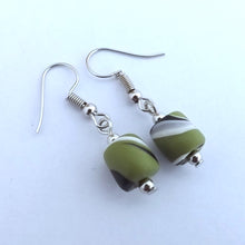 Load image into Gallery viewer, Green, White &amp; Black Handmade Kathryn Design Barrel Bead Earrings
