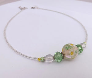 Green & White Handmade Glass Floral Lamp Work Bead Necklace