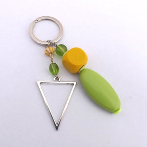 Green & Yellow Wood & Metal Bead Key Ring