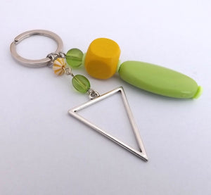 Green & Yellow Wood & Metal Bead Key Ring