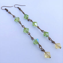 Load image into Gallery viewer, Green, Yellow &amp; Bronze Tone Bicone Lustre Handmade Bead Earrings
