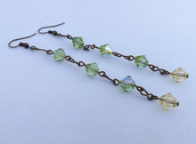 Load image into Gallery viewer, Green, Yellow &amp; Bronze Tone Bicone Lustre Handmade Bead Earrings
