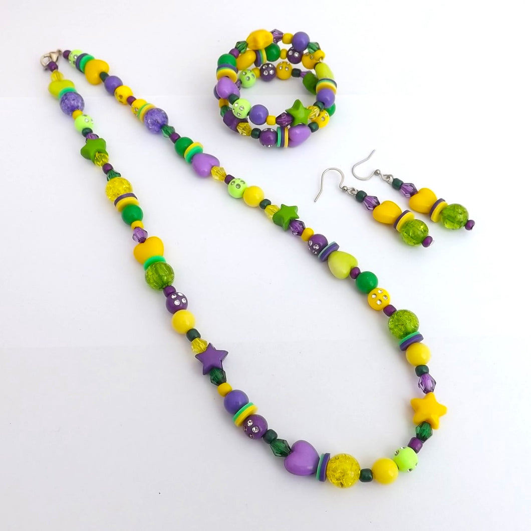 Green, Yellow & Purple Acrylic Bead Necklace, Bracelet & Earrings Set
