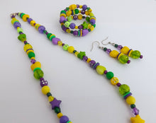 Load image into Gallery viewer, Green, Yellow &amp; Purple Acrylic Bead Necklace, Bracelet &amp; Earrings Set
