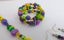 Load image into Gallery viewer, Green, Yellow &amp; Purple Acrylic Bead Necklace, Bracelet &amp; Earrings Set
