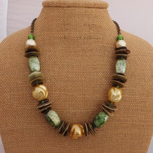 Load image into Gallery viewer, Green, Yellow, Shell &amp; Bronze Handmade Bead &amp; Chain Necklace
