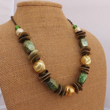 Load image into Gallery viewer, Green, Yellow, Shell &amp; Bronze Handmade Bead &amp; Chain Necklace
