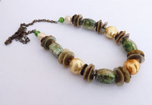 Load image into Gallery viewer, Green, Yellow, Shell &amp; Bronze Handmade Bead &amp; Chain Necklace
