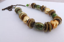 Load image into Gallery viewer, Green, Yellow, Shell &amp; Bronze Handmade Bead &amp; Chain Necklace
