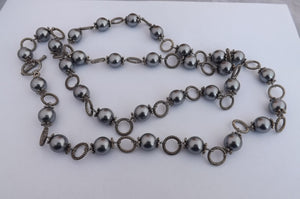 Grey Faux Pearl & Silver Tone Bead & Metal Link Necklace