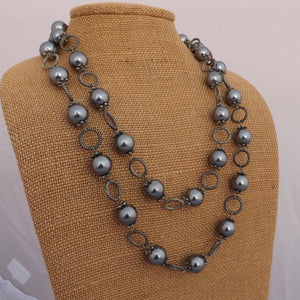 Grey Faux Pearl & Silver Tone Bead & Metal Link Necklace